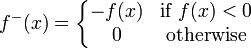  f^-(x) = \left\{\begin{matrix} -f(x) & \text{if }  f(x) < 0 \\ 0 & \text{otherwise} \end{matrix}\right. 