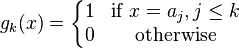  g_k(x) = \left\{\begin{matrix} 1 & \mbox{if }  x = a_j, j\leq k \\ 0 & \mbox{otherwise} \end{matrix} \right. 