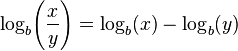 \log_b \!\left(\frac x y \right) = \log_b (x) - \log_b (y) \,