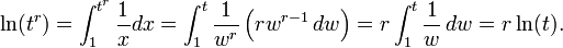 
\ln(t^r) = \int_1^{t^r} \frac{1}{x}dx = \int_1^t \frac{1}{w^r} \left(rw^{r - 1} \, dw\right) = r \int_1^t \frac{1}{w} \, dw = r \ln(t).
