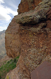 A ledge made of pebbly rock with lichen on it.