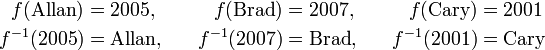 \begin{align}
 f(\text{Allan})&=2005 , \quad & f(\text{Brad})&=2007 , \quad & f(\text{Cary})&=2001 \\
 f^{-1}(2005)&=\text{Allan} , \quad & f^{-1}(2007)&=\text{Brad} , \quad & f^{-1}(2001)&=\text{Cary}
\end{align}
