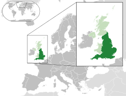 Location of  England  (dark green)– in European continent  (light green & dark grey)– in United Kingdom  (light green)