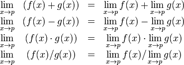 \begin{matrix}
\lim\limits_{x \to p} & (f(x) + g(x)) & = & \lim\limits_{x \to p} f(x) + \lim\limits_{x \to p} g(x) \\
\lim\limits_{x \to p} & (f(x) - g(x)) & = & \lim\limits_{x \to p} f(x) - \lim\limits_{x \to p} g(x) \\
\lim\limits_{x \to p} & (f(x)\cdot g(x)) & = & \lim\limits_{x \to p} f(x) \cdot \lim\limits_{x \to p} g(x) \\
\lim\limits_{x \to p} & (f(x)/g(x)) & = & {\lim\limits_{x \to p} f(x) / \lim\limits_{x \to p} g(x)}
\end{matrix}