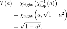 \begin{align}
 T(a) &= \chi_{\mathrm{right}}\left(\chi_{\mathrm{top}}^{-1}(a)\right) \\
      &= \chi_{\mathrm{right}}\left(a, \sqrt{1-a^2}\right) \\
      &= \sqrt{1-a^2} .
\end{align}