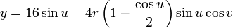 y = 16 \sin u + 4r\left(1 - \frac{\cos u}{2}\right) \sin u \cos v