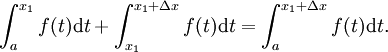\int_{a}^{x_1} f(t) \mathrm dt + \int_{x_1}^{x_1 + \Delta x} f(t) \mathrm dt = \int_{a}^{x_1 + \Delta x} f(t) \mathrm dt. 