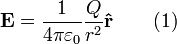 
\mathbf{E} =\frac{1}{4 \pi \varepsilon_0}\frac{Q}{r^2}\mathbf{\hat{r}} \qquad \mbox{(1)}
