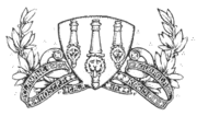A line drawing of three cannons, viewed from above, on a shield, surrounded by a scroll and decorative foliage