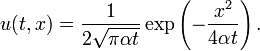  u(t,x) = \frac{1}{2\sqrt{\pi \alpha t}} \exp\left(-\frac{x^2}{4 \alpha t} \right). \,