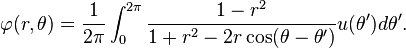 \varphi(r,\theta) = \frac{1}{2\pi} \int_0^{2\pi} \frac{1-r^2}{1 +r^2 -2r\cos (\theta -\theta')} u(\theta')d\theta'.\,