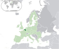 Location of  Belgium  (dark green)– in Europe  (green & dark grey)– in the European Union  (green)  —  [Legend]